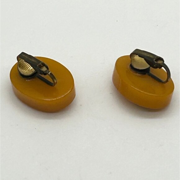 Bakelite Clip-On Earrings Butterscotch Pink & Green Embroidered Floral Vintage - Picture 14 of 15